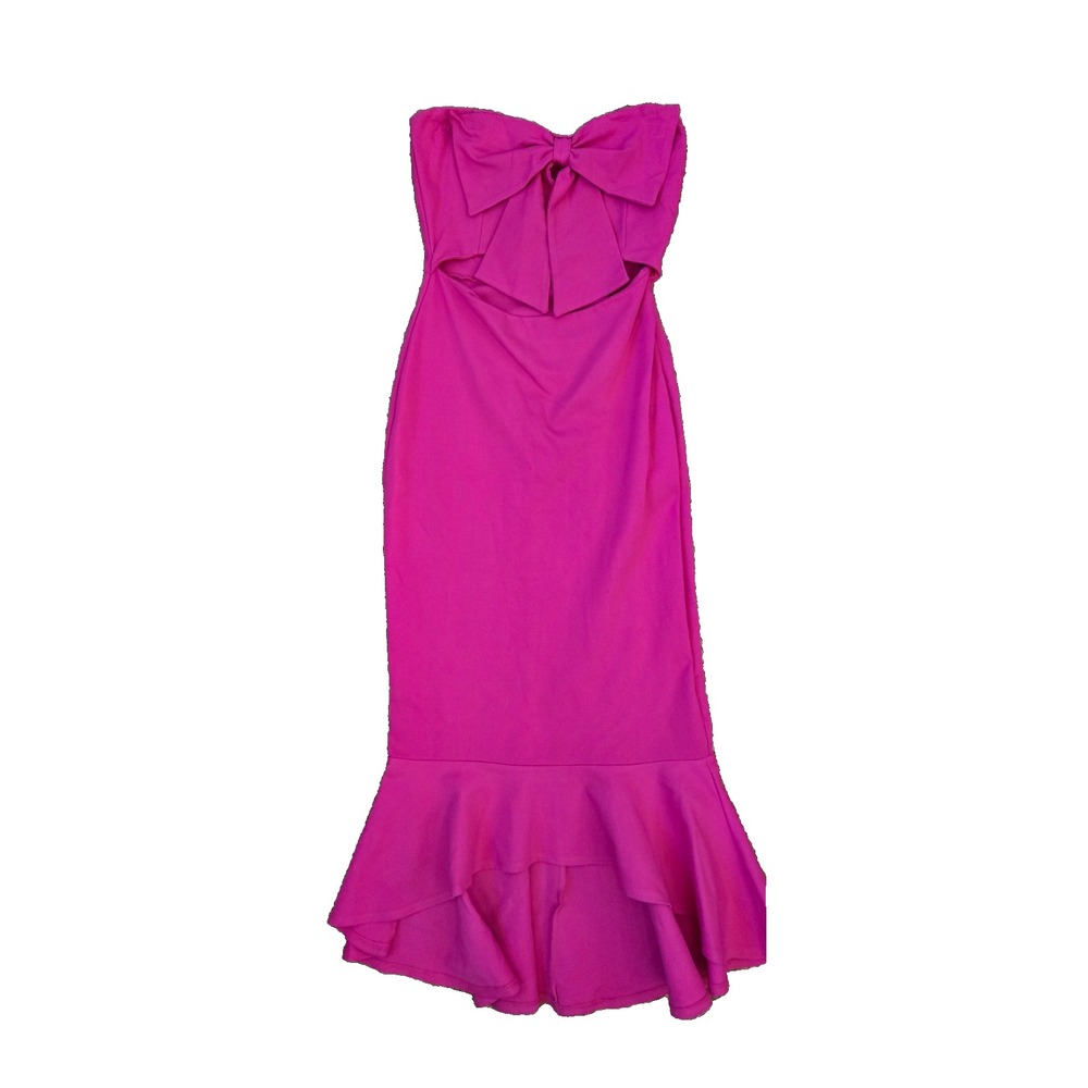 FORE Strapless Cutout Ruffle Midi Dress BIG BOW - Hot Pink Size Medium